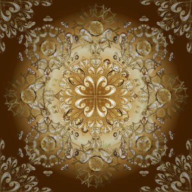 Arabesk ile klasik model. Geleneksel klasik süs. Kahverengi, sarı ve bej renkli çizimler. Vektör çizimi. Kusursuz doğulu vektör şirin desenli arabesk ve çiçekli elementler.