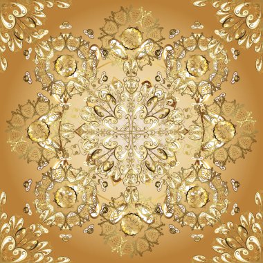 Sonsuz. Çiçek deseni. Gösterişli süs bahçesi. Çizim, karalama, karalama. Sarı, kahverengi ve bej renkli çizimler. Vektör çizimi. Çiçeksiz arkaplan.