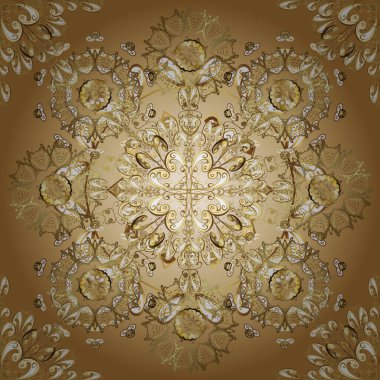 Vektör. Duvar kağıtları ve ambalaj için güzel bir desen. Kahverengi, bej, sarı renkte desenler. Zarif, Rococo tarzında bir süs. Barok tarzında kusursuz desen. Eski renkli desenler.