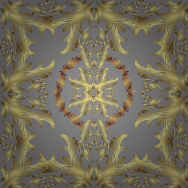 Sarı, nötr ve gri renklerde grafiksel, modern, pürüzsüz desen. Duvar kâğıdı barok, İspanyol kumaşı. Kusursuz vektör arkaplanı. Kusursuz çiçek deseni.