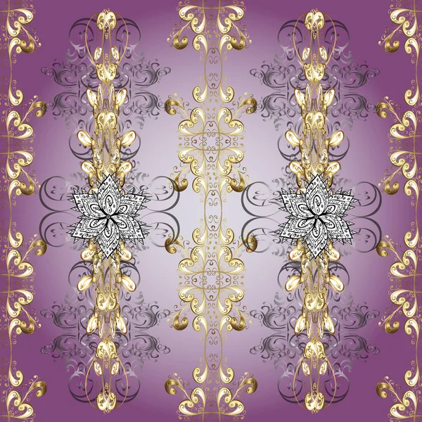 Antecedentes Elemento Dorado Colores Neutro Púrpura Gris Patrón Inconsútil Floral — Vector de stock