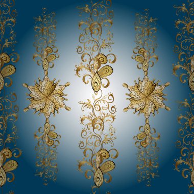 Vektör doğu süsü. Kusursuz altın desen. Altın desenli kahverengi, nötr ve mavi altın elementlerle.