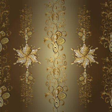 Altın karalama fantezi yapraklarından vektör soyut çiçek çelengi ve bej, nötr ve kahverengi renkte çiçek. El yapımı dekoratif çerçeve, albüm kapağı, tebrik kartı, klasik Art deco tarzı.