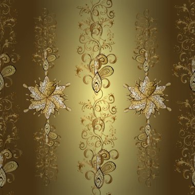 Kahverengi ve sarı renkli resimler. Kusursuz bir doku. Zarif çiçekli barok şablonu. Vektör damaskesiz şablon arkaplanı. Klasik lüks, eski moda İspanyol süsü, kraliyet Victoria Dönemi.