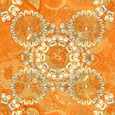 Turuncu desenli, sarı, bej renkli. Arabesk dokusu soyut vintage arkaplan, döşeme yüzeyi süsleme deseni. Fas, Portekiz fayanslarından muhteşem, pürüzsüz yama kalıpları.