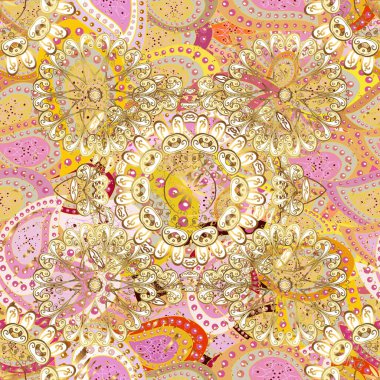 Kusursuz. Sarı, nötr ve bej renkli elementler. Tasarım için tekstil, kağıt, duvar kağıdı. Vektör çizimi. Doğulu tarzı. Çiçekli, dikişsiz desen. Vektör çizimi. Sanat.