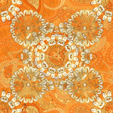Barok tarzında kusursuz desen. Vektör. Turuncu, sarı, bej renkli desenler. Duvar kağıtları ve ambalaj için güzel bir desen. Zarif, Rococo tarzında bir süs. Eski renkli desenler