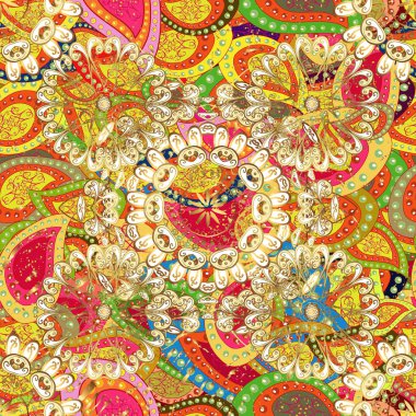 Fantezi çiçekli kusursuz desen, doğal duvar kağıdı, çiçek desenli kıvrım çizimi. Vektör. Ev dekoru. Sarı, bej ve turuncu renkler üzerine resim. Paisley el çizimi elementler.