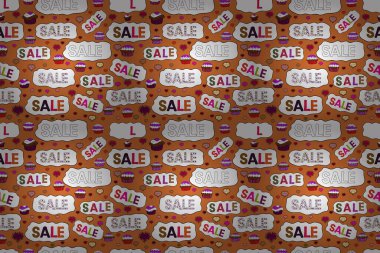 Mevsimlik indirimler ayarlandı. Kusursuz desen. Mektup. Beyaz, turuncu ve siyah renkli resim. Satılık. Süslü raster renkli elementler çerçevesi.