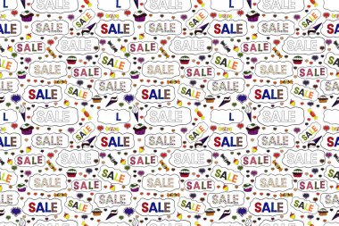 Kusursuz desen. Renkli arka planda şirin unsurları olan satış afişi şablonu. Yaz dönemi. Raster. Alışveriş için kart. Beyaz, gri renklerle dekore edilmiş güzel elementlerle promosyon teklifi.