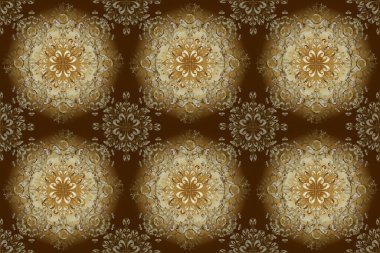 Arabesk ile klasik model. Geleneksel klasik süs. Kahverengi, sarı ve bej renkli çizimler. Eskiz. Arabesk ve çiçek elementleriyle kusursuz doğulu şirin desenler..