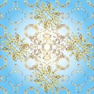 Klasik lüks, eski moda İspanyol süsü, duvar kağıtları, tekstil ve ambalaj için kraliyet Victoria dönemi dikişsiz dokusu. Vektör. Vektör şirin, kusursuz desen arkaplanı. Sarı, mavi renklerde bir resim