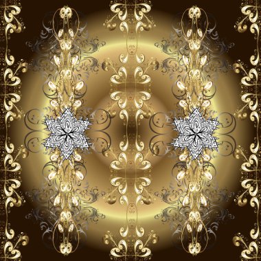 Kusursuz desen. Flourish etiketleri. Bej, nötr ve kahverengi renkli resimler. Kumaş, Tekstil, Baskı ve Davetiye için arka plan. Kaligrafi girdaplar, yumruklar, dekoratif motifler ve parşömenler.