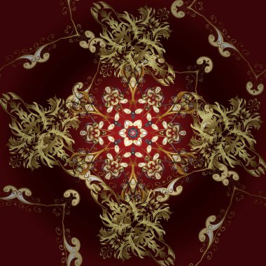 Vektör. Sarı, kırmızı ve kahverengi süslemeli, çiçeksiz desenli. Geleneksel, etnik, Türk, Hint motifleri. Kumaş ve tekstil için harika, duvar kağıdı, ambalaj ya da her istenen fikir için. Eski.