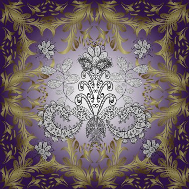 Duvar kağıtları ve kumaş için geçmişe dönük zengin tasarım. Vektör tarafsız, sarı, menekşe yapraklı arka plan, el yapımı yapraklar, çiçekler, girdaplar, karmaşık güzel süsler. Yeşillik. Güzel, pürüzsüz bir desen..