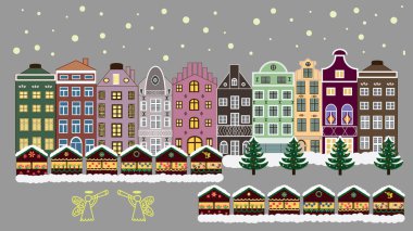 Vektör çizimi. Mutlu yıllar. House 'la birlikte mutlu noel kartları. Gri, kahverengi ve nötr renkler üzerine Noel illüstrasyonu.