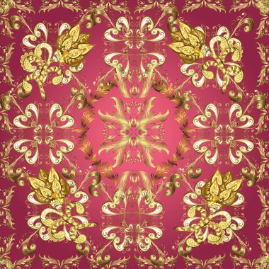 Düz elle çizilmiş klasik koleksiyon. Arkaplan, kumaş, altın duvar kağıdı. Vektör altın pürüzsüz desen. Altın desenli kırmızı, mor ve pembe altın elementli.