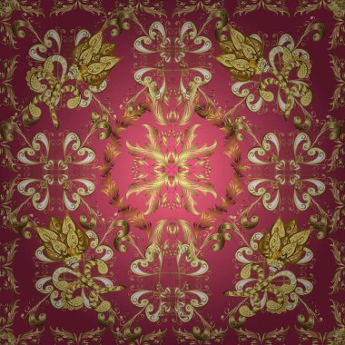 Süslü dantel. Doğu tarzında klasik tasarım öğesi. Duvar kâğıdı için altın süslü bir illüstrasyon. Geleneksel Arap dekoru pembe, mor, kırmızı renkler. Çiçek süsüsüyle kusursuz desen.