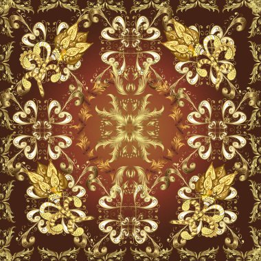 Kusursuz klasik vektör altın deseni. Kahverengi, sarı ve mor renklerde altın elementlerle kusursuz desen. Geleneksel oryantasyon süsü. Klasik vintage arkaplan.