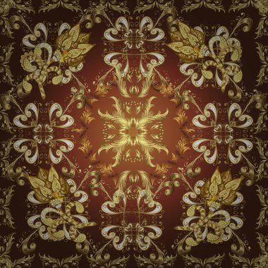 Sarı, mor ve kahverengi yerine altın rengi klasik barok çiçeksiz desenler. Sarı, mor ve kahverengi renklerde altın element. Süslü vektör dekorasyonu. Lüks, kraliyet ve Viktorya dönemi konsepti.