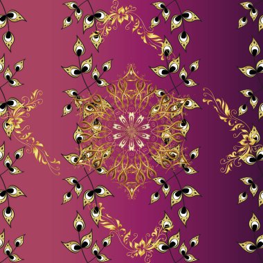 Mor, kırmızı ve gri renklerde altın elementlerle kusursuz desen. Vektör doğu süsü. Kusursuz altın desen.