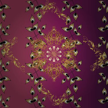 Barok tarzında altın çiçekli süs. Mor, kırmızı ve gri renklerde altın element. Doku arka planında altın duvar kâğıdı. Damask kusursuz yinelenen arkaplan.