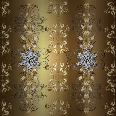 Kahverengi, nötr ve bej renklerde altın element. Barok tarzında altın çiçekli süs. Damask pürüzsüz yineleme kalıbı. Antika altın tekrarlanabilir duvar kağıdı.