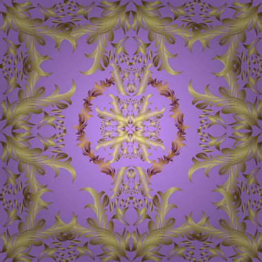 Doku arka planında altın duvar kâğıdı. Barok tarzında altın çiçekli süs. Damask kusursuz yinelenen arkaplan. Sarı, nötr ve kahverengi renklerde altın element.