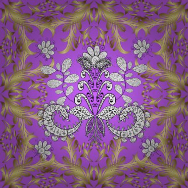 Vektör altın desen. Kusursuz altın desenli bukleler. Doğu tarzı arabesk. Vektör çizimi. Altın elementli mor, sarı ve nötr renkler.