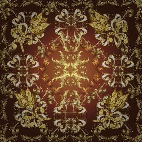 Sarı, mor ve kahverengi yerine altın rengi klasik barok çiçeksiz desenler. Sarı, mor ve kahverengi renklerde altın element. Süslü vektör dekorasyonu. Lüks, kraliyet ve Viktorya dönemi konsepti.