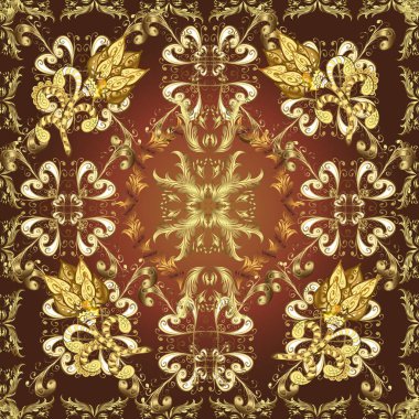 Altın desenli mor, sarı ve kahverengi renklerde altın elementler. Geleneksel oryantasyon süsü. Kusursuz klasik altın desen.