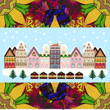 Muhteşem dekore edilmiş bir ev. Noel 'de dekore edilmiş. Tarafsız, sarı ve kırmızı renkler sihirli orman ve tepelerde. Alışılmadık noel illüstrasyon kartpostalı.