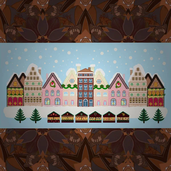 Tatil havası. Vektör. Kahverengi, nötr ve mor renkli resimler ve Noel ağacı. Şirin manzaralı küçük bir ev.