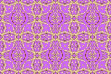 Damask oryantasyon süsü. Klasik klasik klasik arka plan. Klasik dikişsiz desen. Doğu sarısı, menekşe ve kumaş, duvar kağıdı ve ambalaj için nötr süs. Fantezi güzel illüstrasyon.