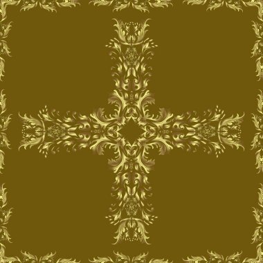 Lüks, kraliyet ve Viktorya dönemi konsepti. Süslü dekorasyon. Altın rengi klasik barok çiçekli desenli. Kahverengi, sarı ve nötr renklerde altın desenli altın elementler.