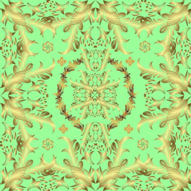 El yapımı dekoratif çerçeve, albüm kapağı, tebrik kartı, klasik Art deco tarzı. Altın karalama fantezi yapraklarından vektör soyut çiçek çelengi ve yeşil, sarı ve nötr renklerde çiçek.