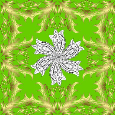 Geleneksel Arap dekoru sarı, yeşil renkler. Doğu tarzında klasik tasarım öğesi. Süslü dantel. Duvar kâğıdı için altın süslü bir illüstrasyon. Çiçek süsüsüyle kusursuz desen.