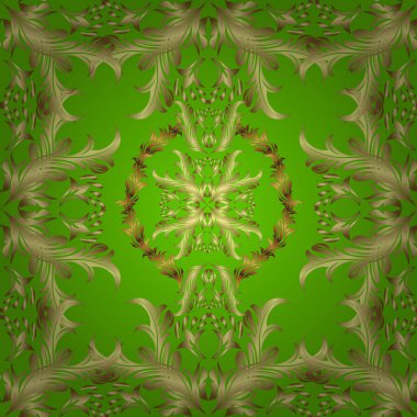 Davetiyeler, kartlar, web sayfası için vektör illüstrasyonu. Altın desenli çiçek dekoru. Çizgi sanatı tasarım şablonu için kusursuz sınır. Doğu tarzı element. Tarafsız, yeşil, sarı renkler üzerine altın element.