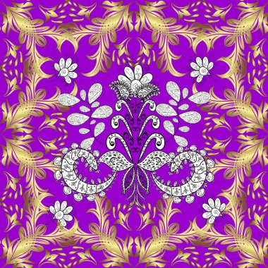 Tekrarlayan elementlerle kusursuz soyut arkaplan. Sarı, nötr, mor ve altın desenli. Zarif vektör klasik desen.