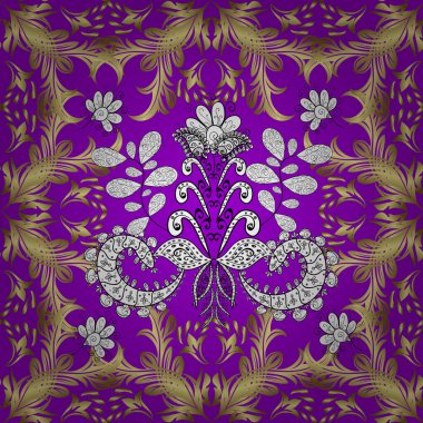 Menekşe, sarı ve nötr renklerde altın tekrarlayan elementler içeren vektör soyut arkaplan. Kusursuz oryantal klasik altın desen.