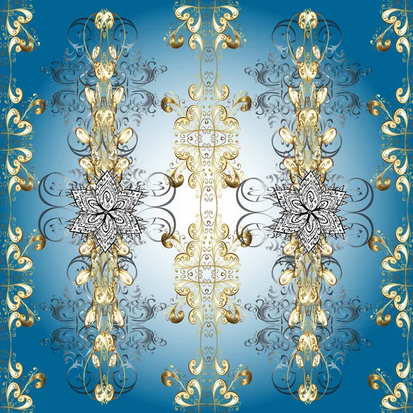 ベージュのヴィンテージシームレスなパターン 金色の要素を持つ中性と青の色 クリスマス2019 雪の結晶 — ストックベクタ