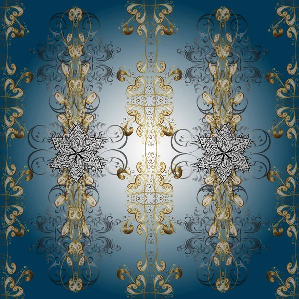 ベージュのシームレスなパターン 金色の要素を持つ中性と青の色 伝統的な装飾品だ 古典的なヴィンテージの背景 古典的なベクトル黄金のシームレスパターン — ストックベクタ