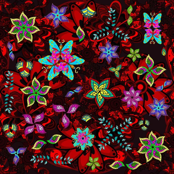 Jahrgangsübersicht Florales Schwarzes Rotes Und Graues Nahtloses Muster Vektorblumendruck — Stockvektor