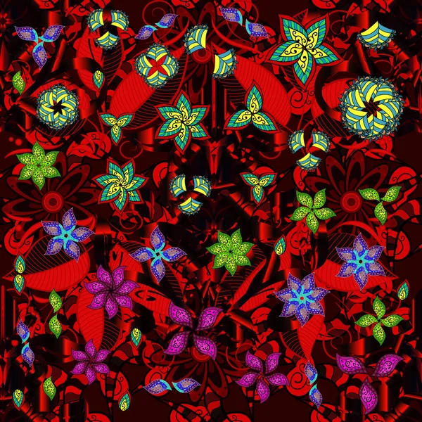 平面花卉元素设计 花的颜色为黑色 红色和褐色 无缝花图案在里面 色彩春天主题无缝图案背景 — 图库照片