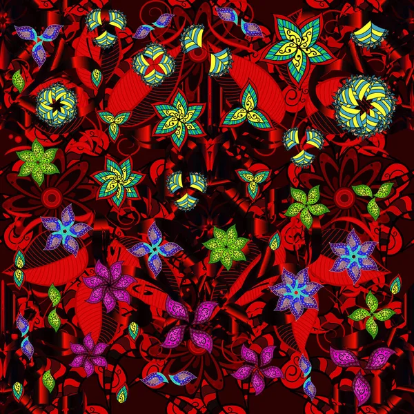 Fleurs Sur Les Couleurs Noir Rouge Marron Modèle Floral Sans — Image vectorielle