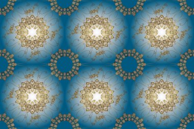 Doğulu stil altın deseni altın elementlerle birlikte nötr, mavi ve kahverengi renklerde arabesliyor. Kusursuz kıvırcık saçlar. altın desen.