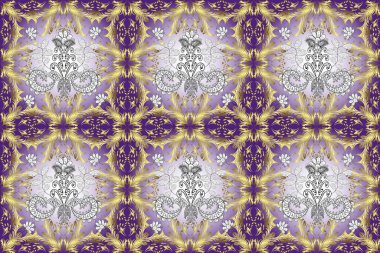 Kusursuz. Duvar kağıtları, web sayfası geçmişi, yüzey dokuları, tekstil için mükemmel. Klasik tarzda hem de. Sarı, mor ve nötr renklerde kıvrım ve kıvrım deseni.