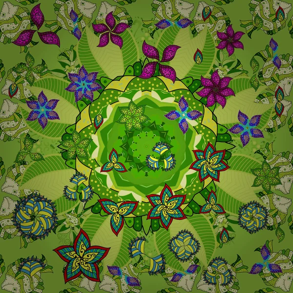 Modern çiçek arkaplanı. Moda baskıları için zarif bir şablon. Halk tarzı. Parlak renkli çiçekleri ve yeşil, sarı ve bej renkli yaprakları olan şaşırtıcı, pürüzsüz çiçek deseni..