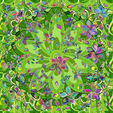 Patlayan çiçekler soyut olarak yerleştirilmiş. Yeşil, gri ve sarı renklerde bahar çiçekleri. Desen.