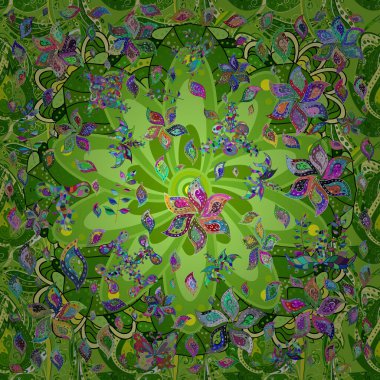 Retro tekstil tasarım koleksiyonu. 1950-1960 motifleri. Çiçekli ipek eşarp. Yeşil, gri ve sarı yeşil, gri, sarı. El çizimi çiçek elementleri ile soyut, pürüzsüz vektör deseni.